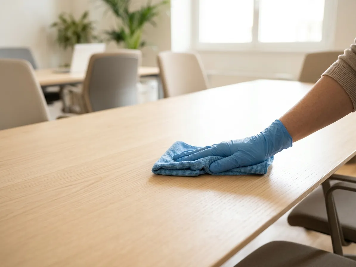Pulizia di un tavolo in una sala riunioni
